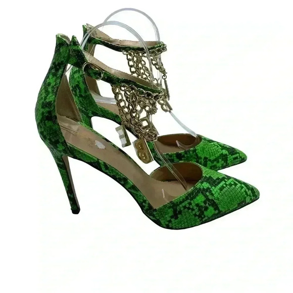 New Bebe ankle snake print strap stiletto heel rhinestone dangle letter size 9 - Picture 2 of 9